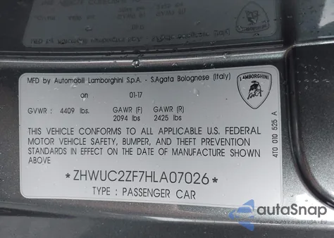 2017 Lamborghini Huracan Lp580-2 z USA, uszkodzony, nr VIN ZHWUC2ZF7HLA07026